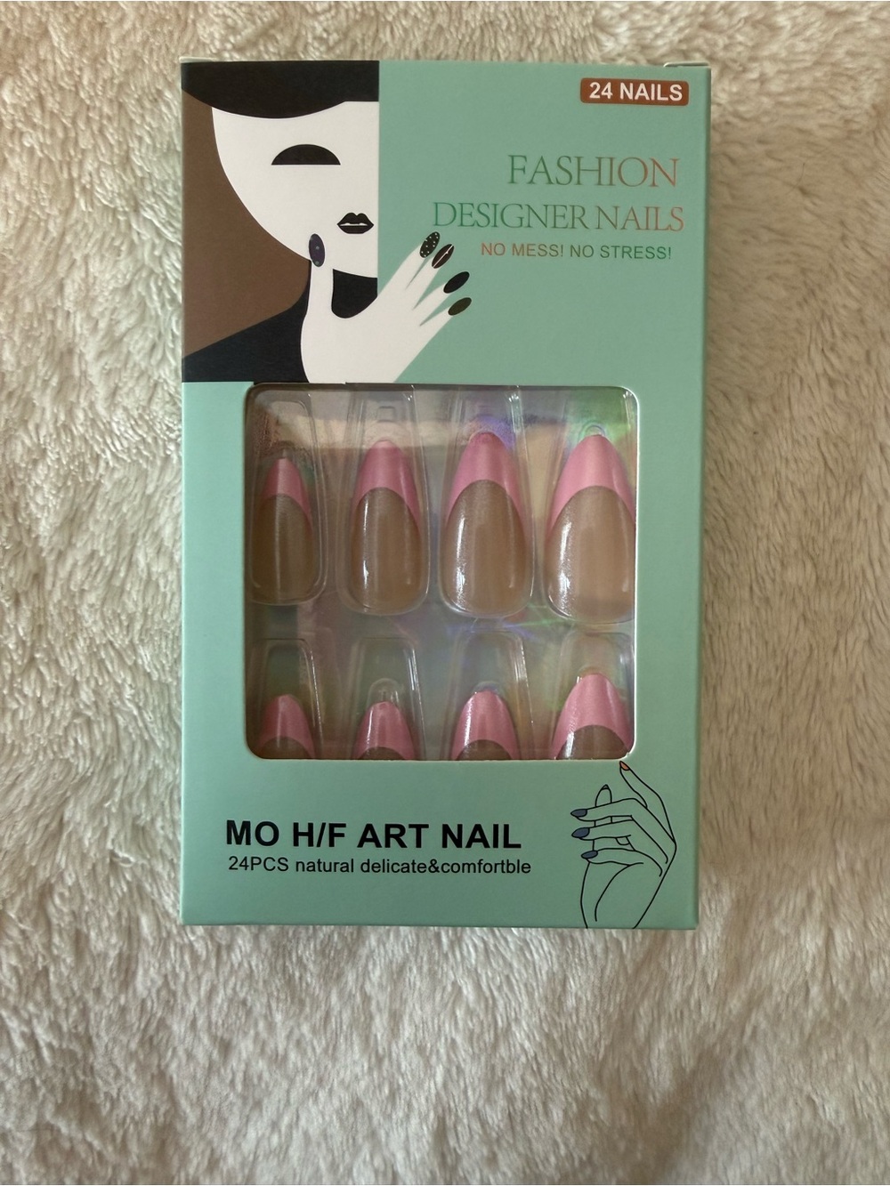 Women press on nails almond shape, pink French tip 24pcs